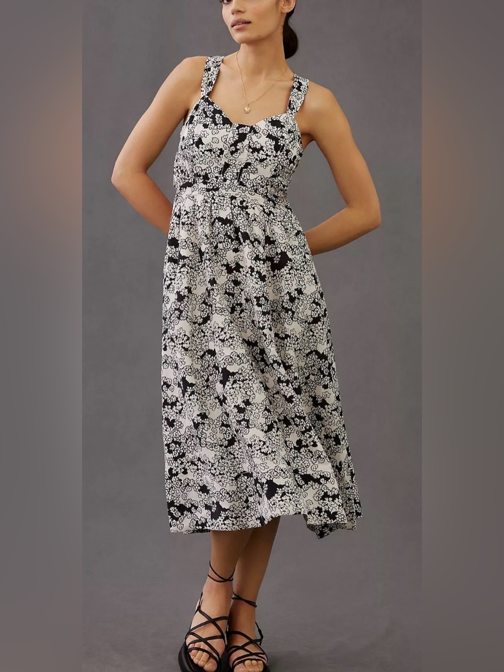 Anthropologie Linen Cotton Blend Black & White Floral Midi Dress Size 2X - Picture 1 of 8